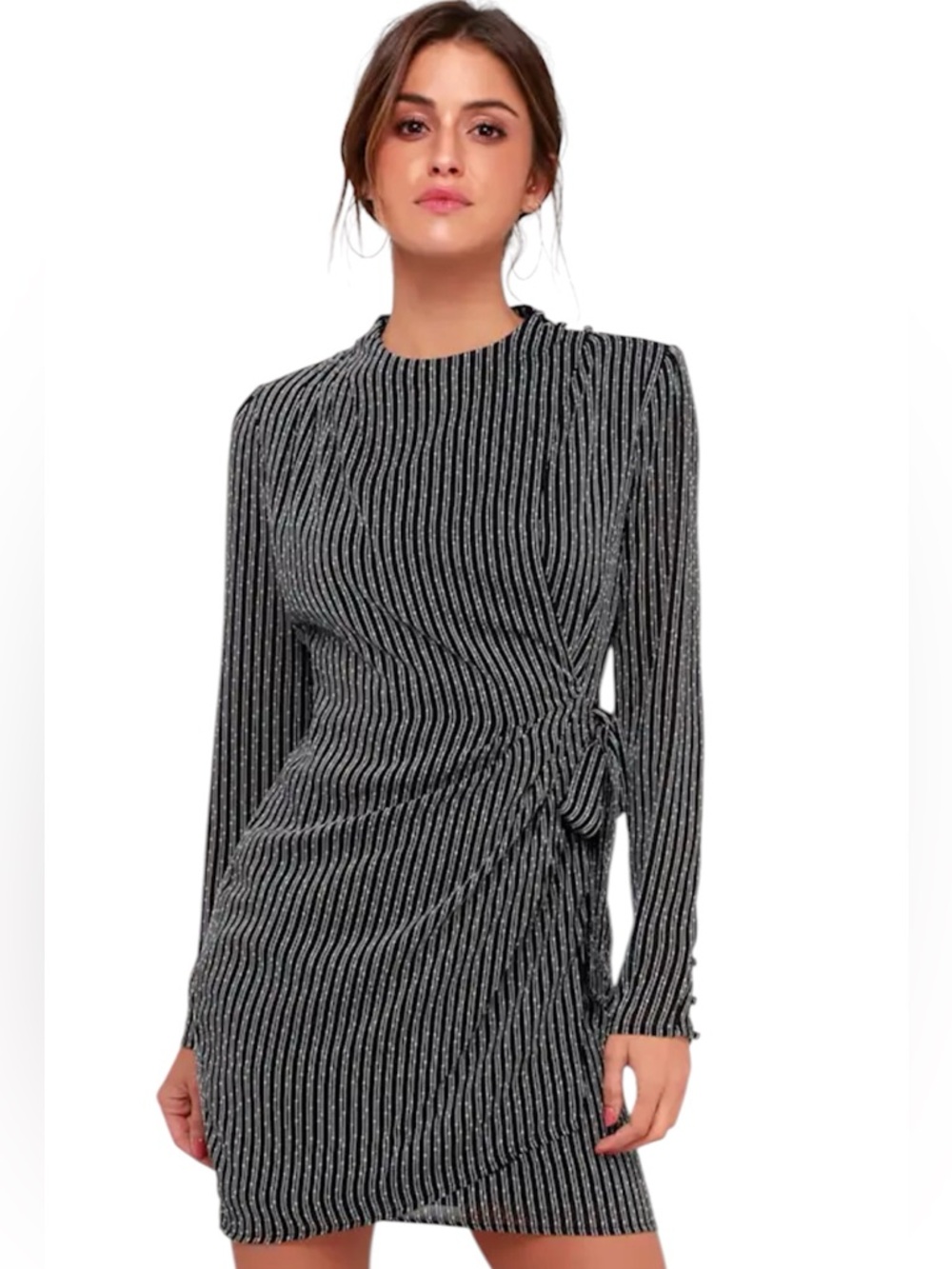 ASTR the Label Jolene Black Striped Long Sleeve Wrap Dress